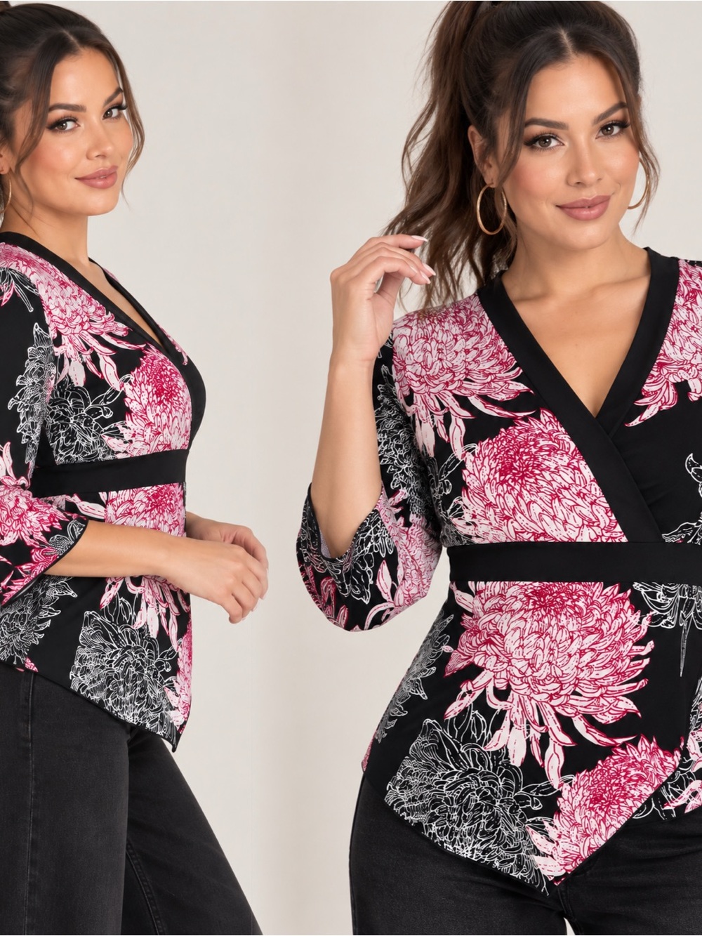I.N. Studio Black Wrap Top with Pink Floral Print